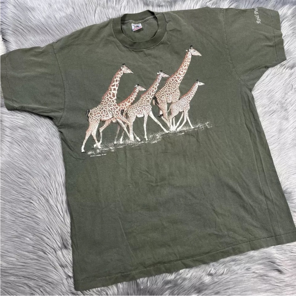 Vintage 1995 Fletchers Wildlife Reid Park Zoo Green Giraffe T Shirt